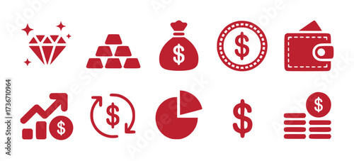 Red Finance and Money Icons Diamond, Gold, Bag, Coin, Wallet, Graph, Exchange, Pie Chart, Dollar