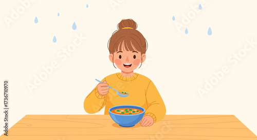 Joyful Girl Enjoying Warm Soup on Rainy Day, Happy Moment, Cute Illustration