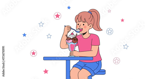 Joyful Girl Enjoys Ice Cream Sundae on A Bright Day and Is Surrounded by Stars