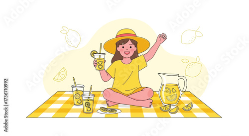 Joyful Girl Enjoys Refreshing Lemonade Outdoors During Sunny Summer Afternoon