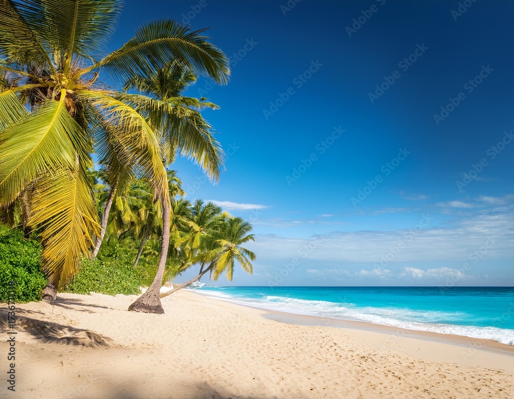 Obraz premium scenic tropical coastline with palm trees golden sand and vibrant blue seamperfect for vacation ads wellness branding and exotic travel imagery