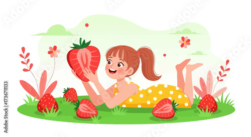 Joyful Girl Reclining On Grass Holds Freshly Cut Strawberry, Smiling And Feeling Happy