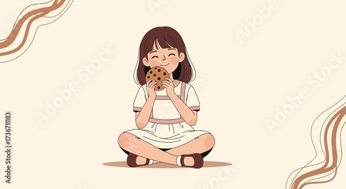 Joyful Girl Savoring Cookie In A Delightful Illustration With Artistic Aesthetics.