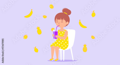 Joyful Girl Sipping a Refreshing Fruit Juice with Floating Bananas and Citrus Fruits