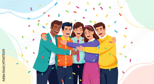 Joyful Group Embracing Amidst Confetti Shower Illustrating Togetherness and Celebration