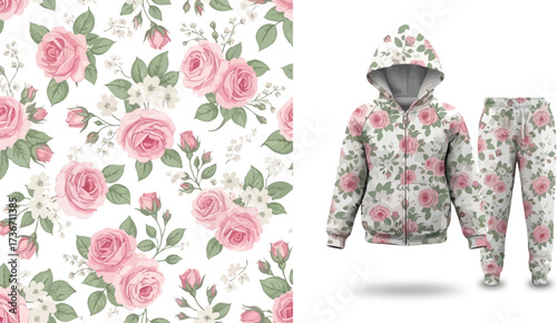 Floral pattern with pink roses and a matching hoodie and sweatpants set on a white background