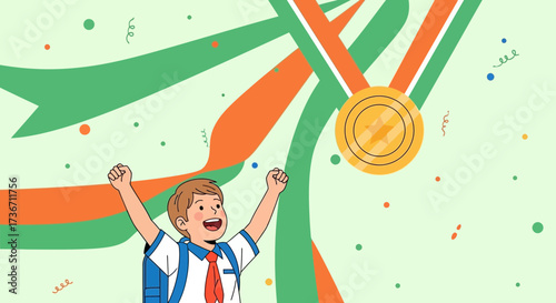 Joyful Kid Celebrates Success With Medal And Ribbon Backdrop in Vibrant Illustration