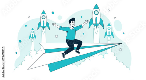 Joyful Man Ascending on Paper Airplane with Rocketships Illustrating Digital Ventures