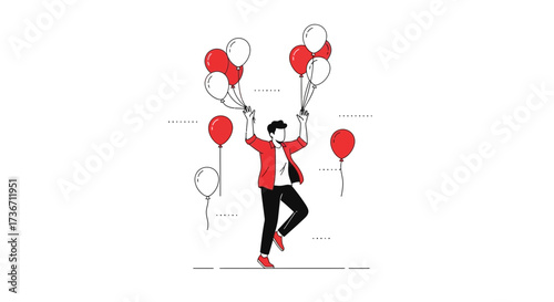 Joyful man holding balloons celebrating happiness and success in a line drawing