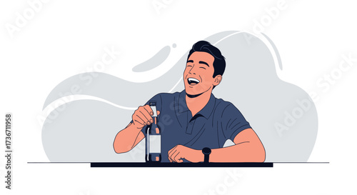 Joyful Man Laughing While Holding A Bottle Of Beverage With An Open Mouth