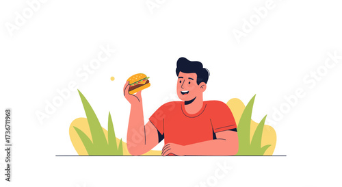 Joyful Man Holding Burger in a Park Surrounded by Greenery and Enjoying Meal