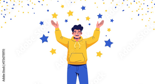 Joyful Man Rejoicing Under Dazzling Stars, Celebrating Dreams and Victories Achieved