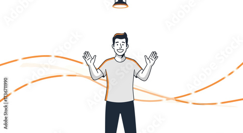 Joyful Man Waving, Abstract Graphic Elements, Conceptual Illustration, Simple Design