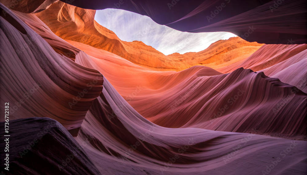 Obraz premium Swirling sandstone canyon walls in shades of orange purple and pink slot canyon rock formation