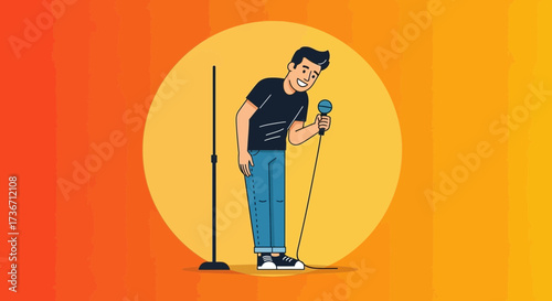 Joyful Performer Delivering a Stand-Up Comedy Routine on Stage, Smiling Deliberately