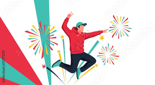Joyful Person Celebrates With Colorful Bursting Elements And Festive Design