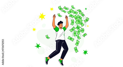 Joyful Person Celebrating Financial Success as Money Showers Down in Illustration