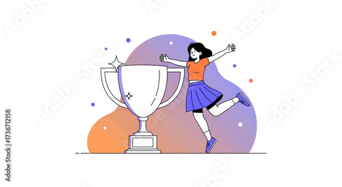Joyful Person Celebrating Victory And Success Next To A Large Trophy And Illustration