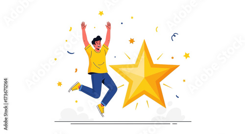Joyful Person Celebrating Success, Elevated with a Star, Illustrated on White Background
