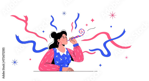 Joyful Person Celebrating With Colorful Streamers And Noisemakers, Festive Time