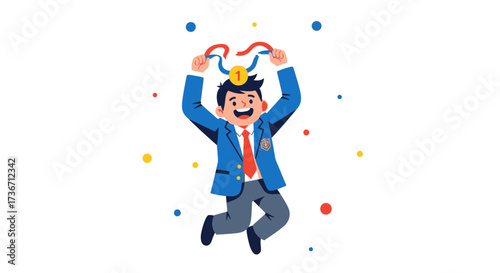 Joyful Student Celebrating Victory After Winning A Competition And Accepting A Gold Medal