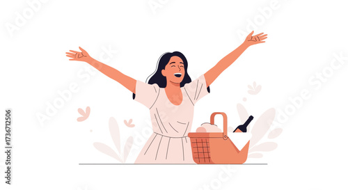Joyful Woman Celebrating Picnic: Embrace Happiness with Arms Up High Outdoors Isolated