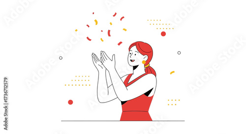 Joyful woman clapping and celebrating a success with confetti in a flat illustration style