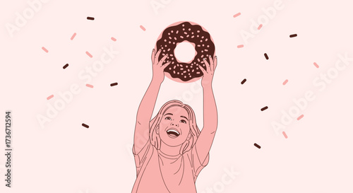 Joyful Woman Displays Delight Holding Up a Donut Sprinkled with Chocolate in the Air