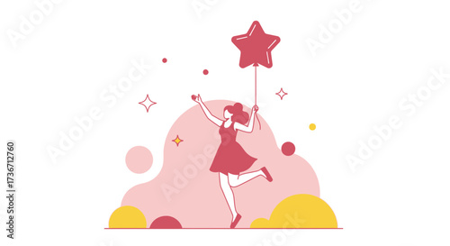 Joyful Woman Holding Star Balloon And Soaring Towards Happiness With Elegance And Dreams