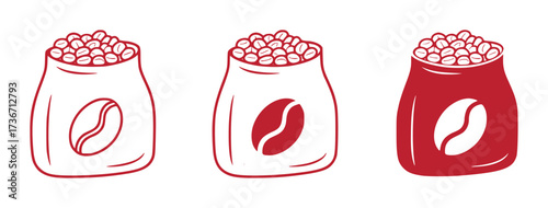 Three stylized bags of coffee beans, two outlined and one solid red