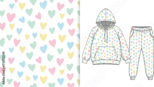Heart patterned hoodie and sweatpants set with a matching heart pattern background on the left side
