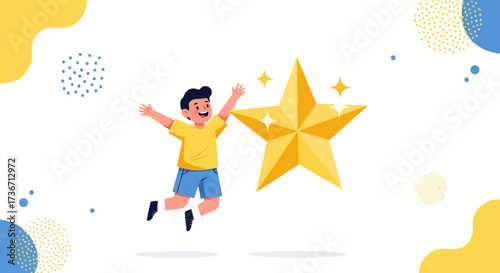 Joyful Young Boy Celebrates Achievement Next To Shiny Golden Star Illustration