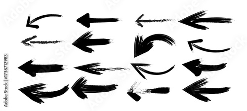 Grunge style brush stroke arrows vector set in black for hand drawn, distressed, and artistic directional graphic elements