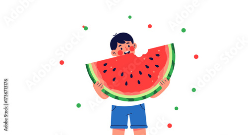 Joyful Youngster Devouring a Gigantic Watermelon Slice on a Summer Day