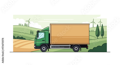 Green Truck Delivering Goods Across a Picturesque Rural Landscape with Wind Turbines