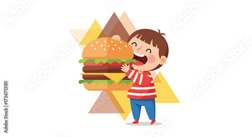 Joyful Youngster Embraces a Humongous Hamburger in a Tasty, Cheerful, Delicious Meal