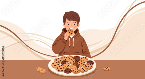 Joyful Young Person Consuming Delicious Cookie Treats: A Sweet Moment Illustration