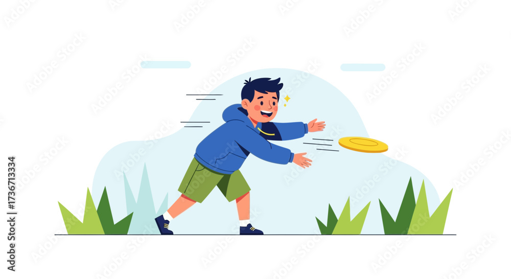 Fototapeta premium Joyful Youthful Lad Throwing Disc Outdoors During A Sunny Day For Recreation