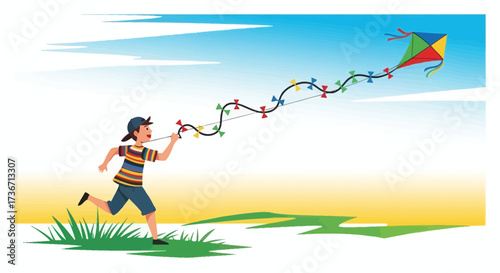 Joyful Youngster Soaring a Kite in a Bright Sky for Recreation and Leisure