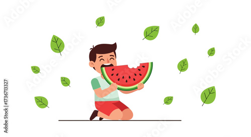 Joyous Child Devours Watermelon Slice Amidst Playful Green Leaf Sprinkles