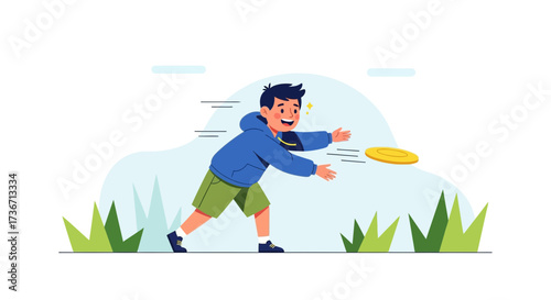 Joyful Youthful Lad Throwing Disc Outdoors During A Sunny Day For Recreation