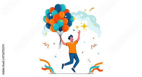 Joyous Man Soaring And Celebrating With Vibrant Balloons And Festive Decorations