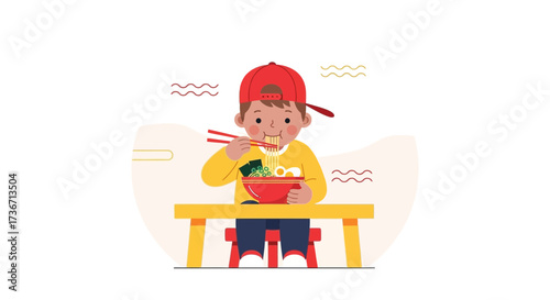 Kid Enjoying Delicious Ramen Noodles with Chopsticks at the Table in a Cartoon