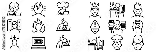 Different symbols representing stress and burnout in a work environment with various emotions shown visually