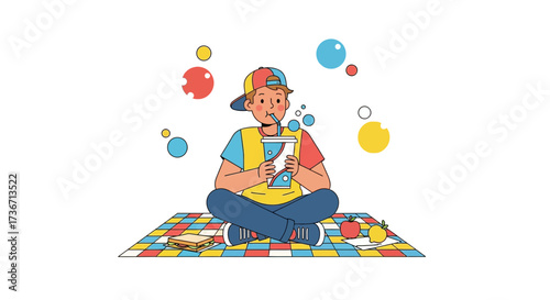 Kid enjoying drink outdoors on a checkered blanket with fruits and sandwich cartoon