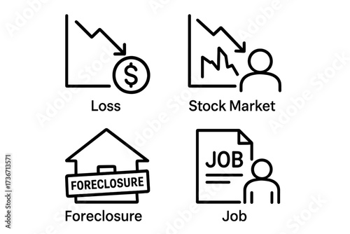 Financial challenges illustrated through stock market loss, foreclosure signs, and job search symbols in a simple graphic design