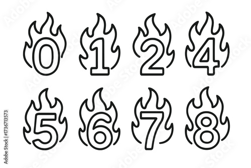 Numbers from zero to eight with flame designs displayed on a white background for creative projects
