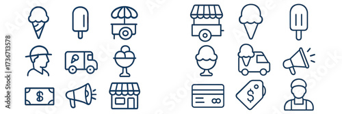 Sweet treats and ice cream icons in a fun collection showing carts, cones, and payment options