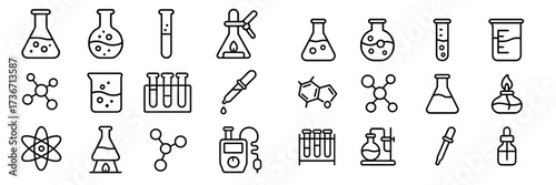 Collection of science-related icons depicting laboratory equipment and chemical symbols in a simple line art style