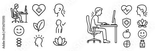 Health and wellness concepts illustrated with simple line drawings of people and symbols related to care and mindfulness